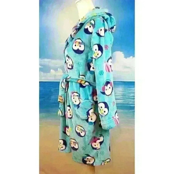 KOMAR KIDS Girls TEAL AQUA BLUE Bathrobe SOFT Dressing Gown FUZZY HOODIE size Lg - Picture 4 of 7